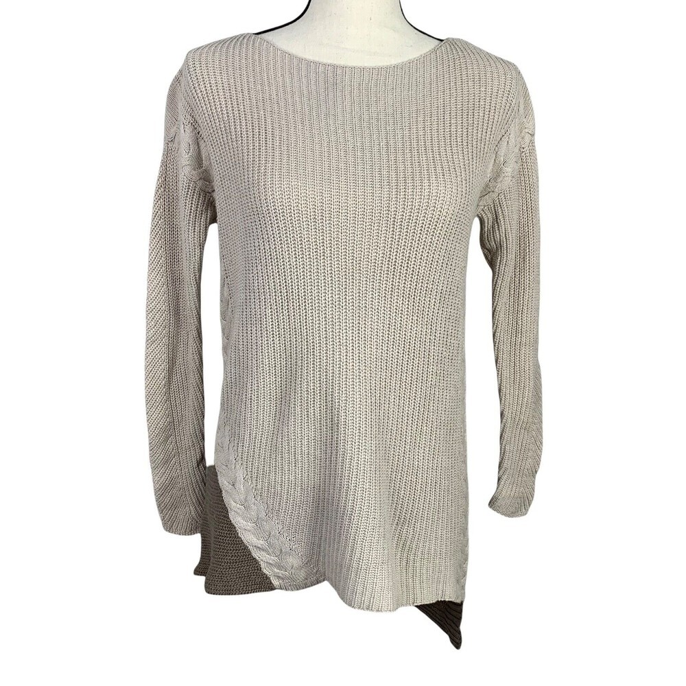 Style & Co Knit Long Sweater Women Petite Small Mixed Stitch Beige Olive Hi-low